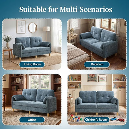 65" Loveseat Sofa, Mid Century Loveseat Couch for Living Room with Storage Pockets, Upholstered Small Loveseat for Small Spaces, Bedroom, Home Office, Apartments, Small Sofa Chenille Navy Blue