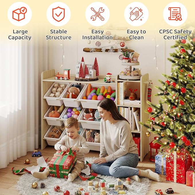 DOREROOM Toy Storage Organizer with Bookshelf, Kids Toy Storage and Organizers with 3 Shelves/9 Bins/3 Hooks, Bin Shelf, Toy Organization for Playroom, Nursery, Bedroom, Toddler Room | Wood & White