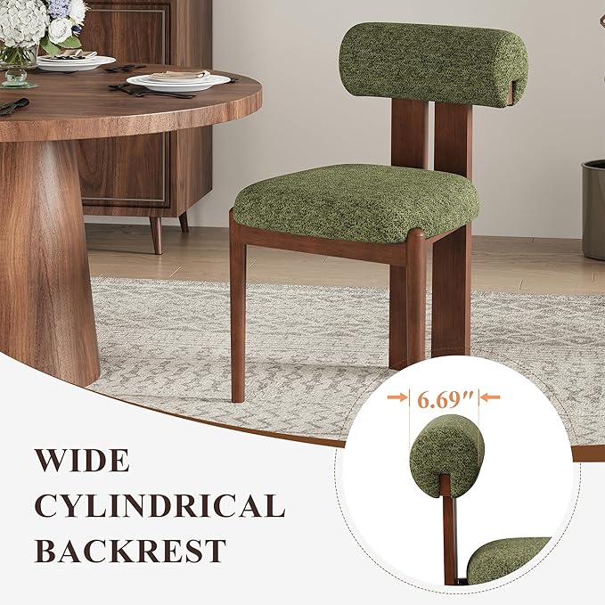 MALOL Modern Wooden Dining Chairs Set of 6, Upholstered Fabric Kitchen Chairs with Sculptural Backrest, Mid-Century Farmhouse Dining Room Chairs with Solid Wood Legs, Green