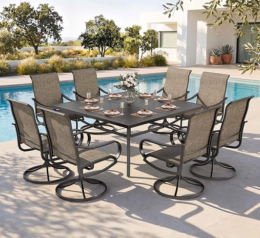 PHI VILLA Outdoor Dining Set for 8, Swivel Mesh Chairs & Square Table,Brown | Textilene chairs and large 57.5'' metal table with umbrella hole. All-weather patio furniture set designed for patio, deck
