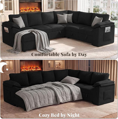108 Inch Sectional Sleeper Sofa Bed with Pull Out Couch, U Shaped 7 Seat Cloud Modular Sectional Sofa with Storage, Corduroy Sectional Couches for Living Room, Removable Sofa Cover, Black