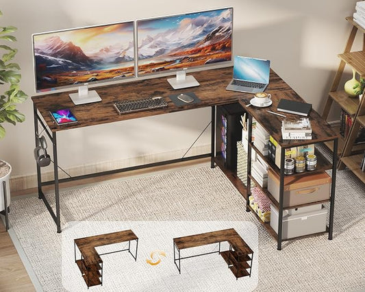 YOSHOOT 63" L Shaped Computer Desk, Gaming Desk | Office Desk with Open Shelves, Corner Desk L Shape for Home Office Work Study, Rustic Brown
