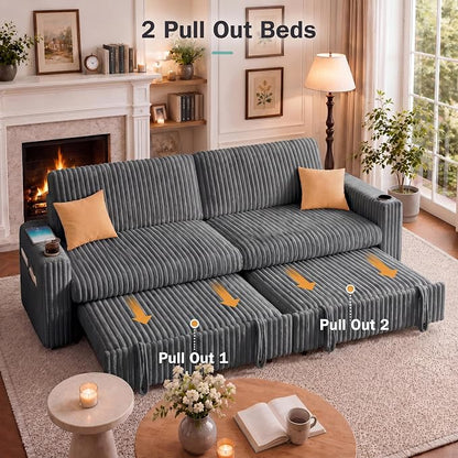 Vipbear 91" Sectional Sleeper Sofa with Pull Out Bed,5-Level Adjustable Backrest,3 Seat Modular Couch with Storage,Tool Free Assembly,USB & Cup Holders, Corduroy Sofa for Living Room,Grey