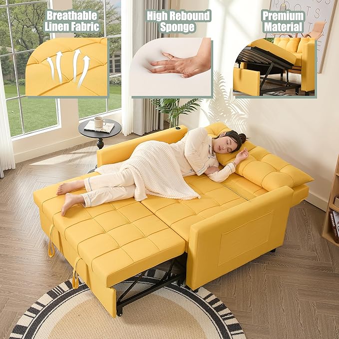 GOSUHI 52" Sleeper Sofa with Pull-Out Bed, 3-in-1 Convertible Sofa Bed, Set of Loveseat with Stepless Adjustable Backrest and Side Pocket, for Living Room Dorm Apartment, Linen, Yellow