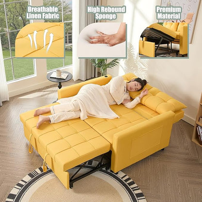 GOSUHI 52" Sleeper Sofa with Pull-Out Bed, 3-in-1 Convertible Sofa Bed, Set of Loveseat with Stepless Adjustable Backrest and Side Pocket, for Living Room Dorm Apartment, Linen, Yellow