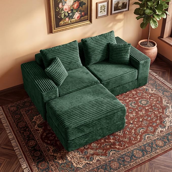 75'' L-Shaped Cloud Modular Sectional Couch with Chaise, Modern Corduroy Memory Foam Sofa Bed, Upholstered Boneless Deep Seat Fluffy Sleeper Sofa, for Living Room, No Assembly Needed (Green)
