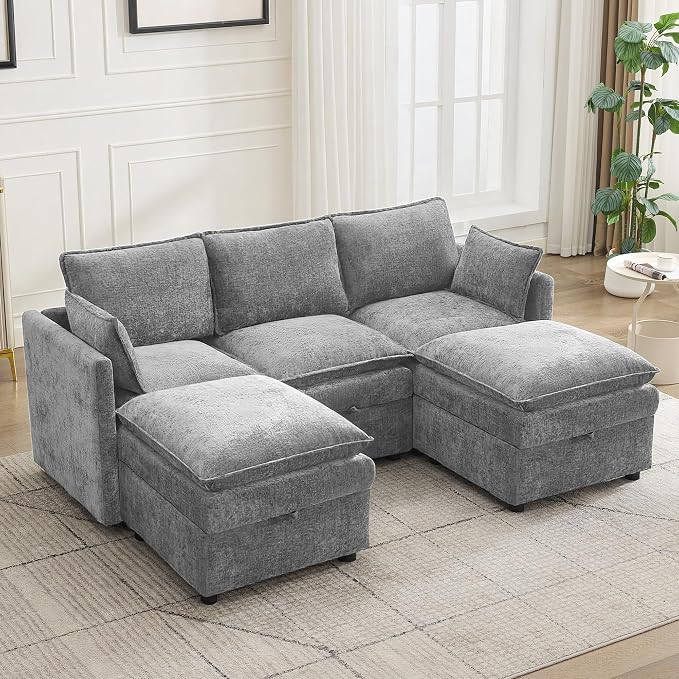 80" Cloud Modular 3 Seater Sofa with 2 Storage Ottoman, Modern Storage Sofa Couch Deep Seat, U Shape Sectional Sofa Chenille Comfy Couch with Armrests for Living Room, Small Space, Light Grey