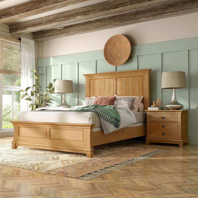 Furniture of America Yardley Farmhouse Solid Wood 3-Piece Bedroom Collection with Panel Bed and Nightstands Set of 2, Box Spring Required for Bedroom, Guess Room, Full, Natural Oak