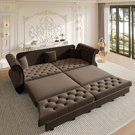 97.6" Oversized Pull Out Sofa Bed, Chesterfield Velvet Sleeper Sofa Couch with Roll Arm & Flower Tufting, Heavy Duty Metal Frame Convertible Sofa for Living Room, Apartment, Guest Room, Brown