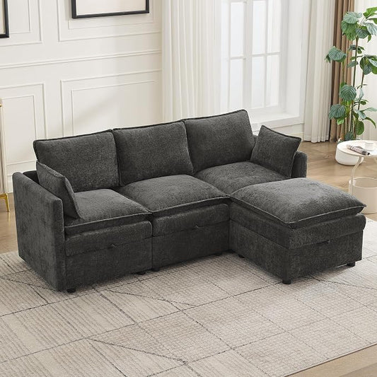 80" Cloud Modular 3 Seater Sofa with Storage Ottoman, Modern Upholstered Storage Sofa Couch Deep Seat, L Shape Sectional Sofa Chenille Comfy Couch with Armrests for Living Room, Small Space, Dark Grey