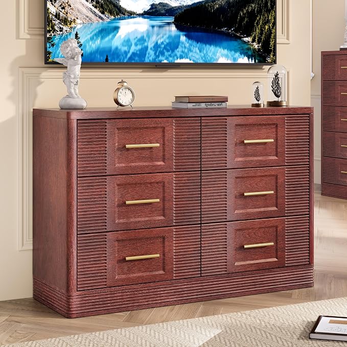 RECHHX Farmhouse 6 Drawers Dresser for Bedroom, 47.2" Wide Large Modern Chest of Drawers, Wooden Thermoformed Curved Dresser Organizer for Bedroom, Living Room, Walnut Cherry