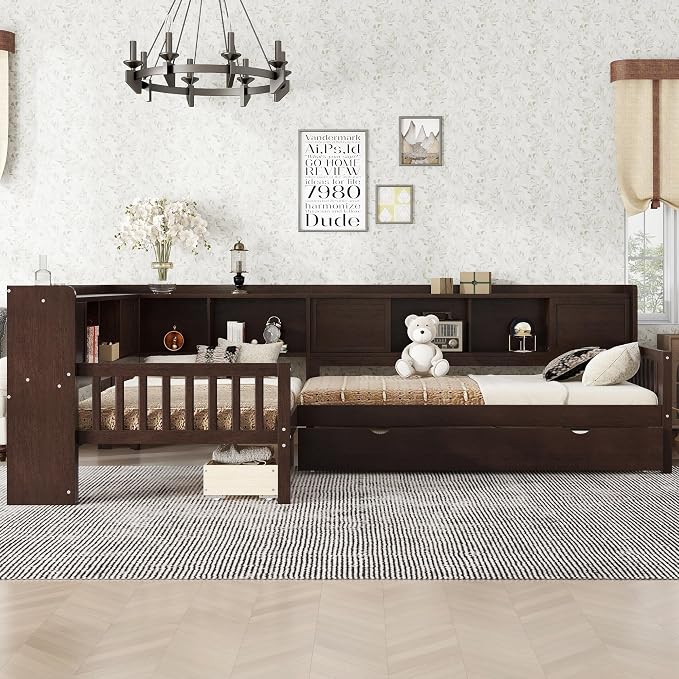 Bellemave L Shaped Corner Bed for 2 Kids, Double Twin Platform BedFrame with Trundle and Shelves, Espresso