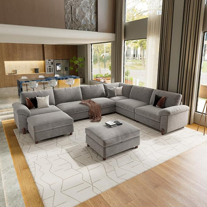 SITJOY Large Cloud Couch, 138" Wide 6 Seater V Shape, Light Gray Chenille | Detachable and Washable Chenille Cover Sectional Sofas for Living Room, Deep Seat Wide Couch with Chaise, Storage Ottoman