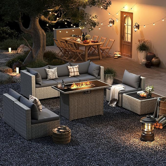 UDPATIO Patio Furniture Set with Fire Pit Table, 8 Pcs Outdoor Sectional Sofa, PE Wicker Patio Conversation Set for Garden, Backyard (Grey Cushions with Light Grey Rattan)