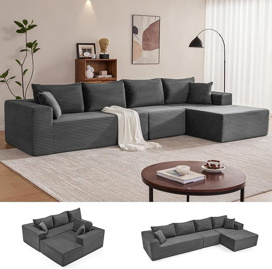 Mangodan 140” Cloud Sectional Couch, Boneless Sofa for Living Room, Modular Sectional Sofa with Deep Seat, Comfy Fluffy L-Shaped Couch with Right-Facing Chaise, No Assembly Required, Grey