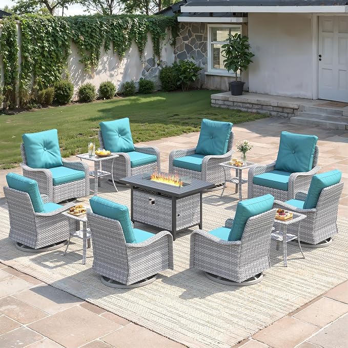 13-Piece Outdoor Conversation Set with 43" Fire Pit Table, 8 Swivel Rocking Chairs (4" Cushions) & 4 Side Tables, All-Weather PE Rattan & Steel Frame for Porch, Deck, Backyard, Turquoise