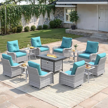 13-Piece Outdoor Conversation Set with 43" Fire Pit Table, 8 Swivel Rocking Chairs (4" Cushions) & 4 Side Tables, All-Weather PE Rattan & Steel Frame for Porch, Deck, Backyard, Turquoise