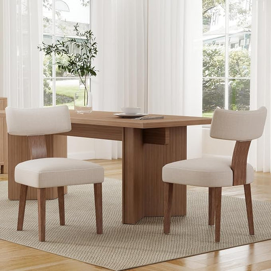 RIVOVA Mid Century Modern Dining Chairs Set of 2 Upholstered Linen Fabric Dining Chairs Curved Backrest Farmhouse Dining Room Chairs Kitchen Chairs with Wood Legs, Beige