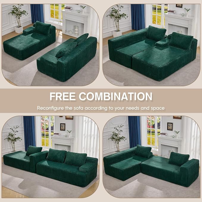 Hobestluk Boneless Couch Modular Sectional Sofa L-Shape Oversized Chaise | 108" Left Facing Chaise Green,Memory Foam,Removable Cover,Non-slip Bottom,No Assemble Required,Living Room Furniture