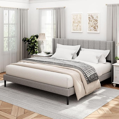 Sismplly King Size Bed Frame and Headboard,Vertical Channel Tufted Wingback No Box Spring Needed, Mattress Foundation, Easy Assembly Light Grey, Linen