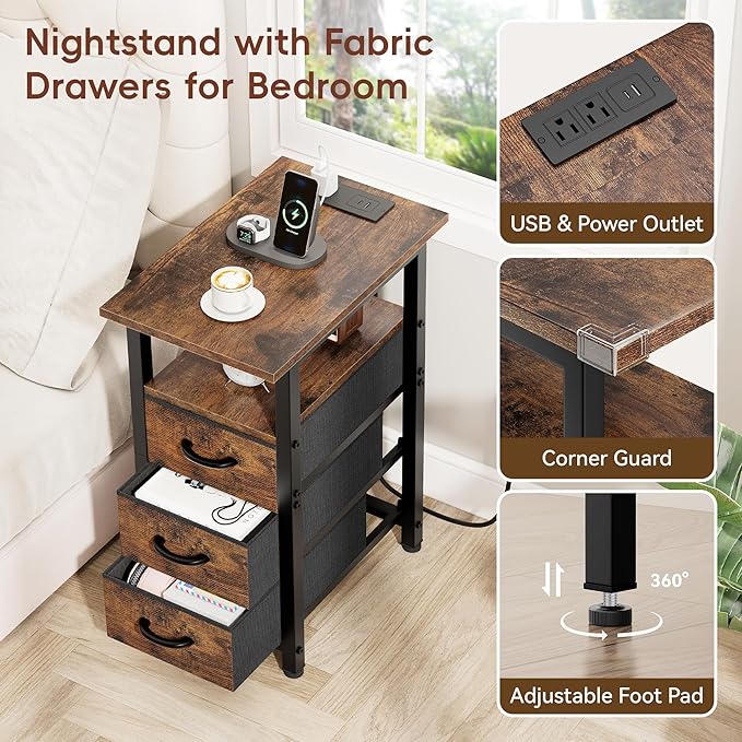 Vagusicc Nightstand with Charging Station and LED Lights, Narrow End Table, LED Night Stand with 3 Fabric Drawers for Bedroom, Small Bedside Table, Narrow Side Table for Small Spaces, Rustic Brown