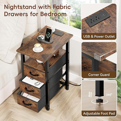 Vagusicc Nightstand with Charging Station and LED Lights, Narrow End Table, LED Night Stand with 3 Fabric Drawers for Bedroom, Small Bedside Table, Narrow Side Table for Small Spaces, Rustic Brown