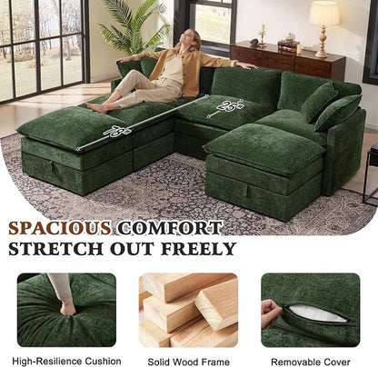 Ihanherry Oversized Sectional Sofa Bed with Storage, 103" 6-Seater Modular Cloud Couch with Movable Ottomans, Chenille Deep Seat Sleeper Couches for Living Room (Green)