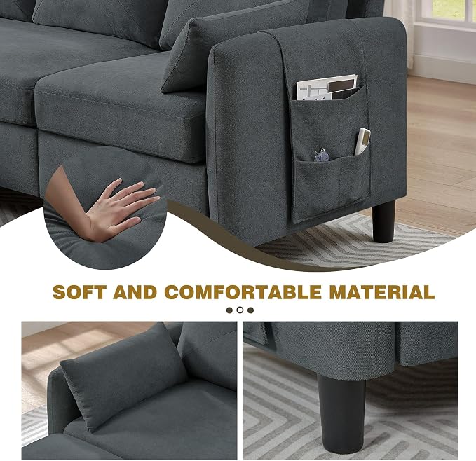 Convertible Sectional Couch Set, 77" L Shaped Sofa with Ottoman and 57" Loveseat, Modern Couches for Living Room, Apartment and Office, Dark Grey