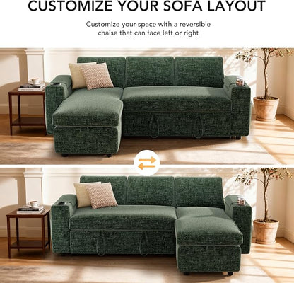 Sunny Heart L-Shaped Sleeper Sofa with Pull Out Bed, 82" Sectional Couch with Reclining Backrest, Reversible Storage Chaise, Armrest Storage, Cup Holders, and Side Pockets, Tool-Free Assembly, Green