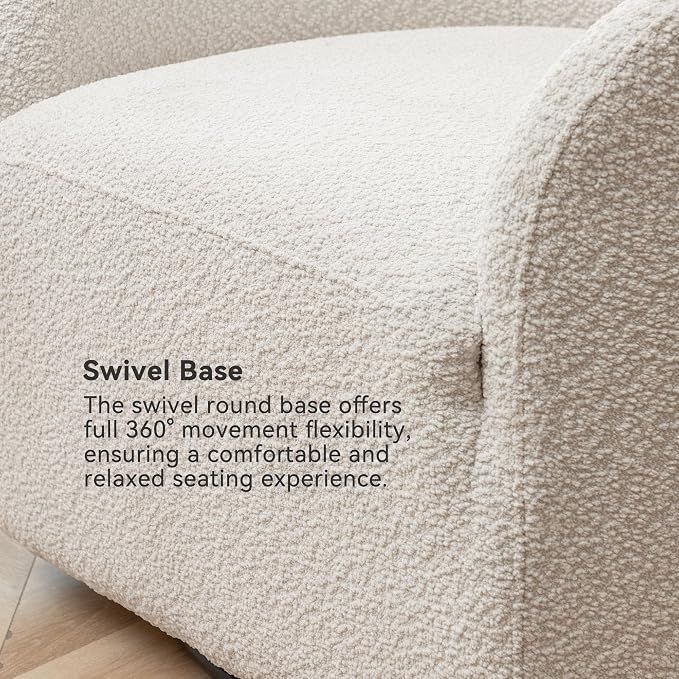 KINWELL 32" Wide Modern Boucle Swivel Barrel Chair, No Assembly Round Upholstered Swivel Accent Armchair for Living Room, Bedroom, Office (White)