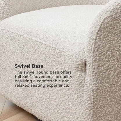 KINWELL 32" Wide Modern Boucle Swivel Barrel Chair, No Assembly Round Upholstered Swivel Accent Armchair for Living Room, Bedroom, Office (White)