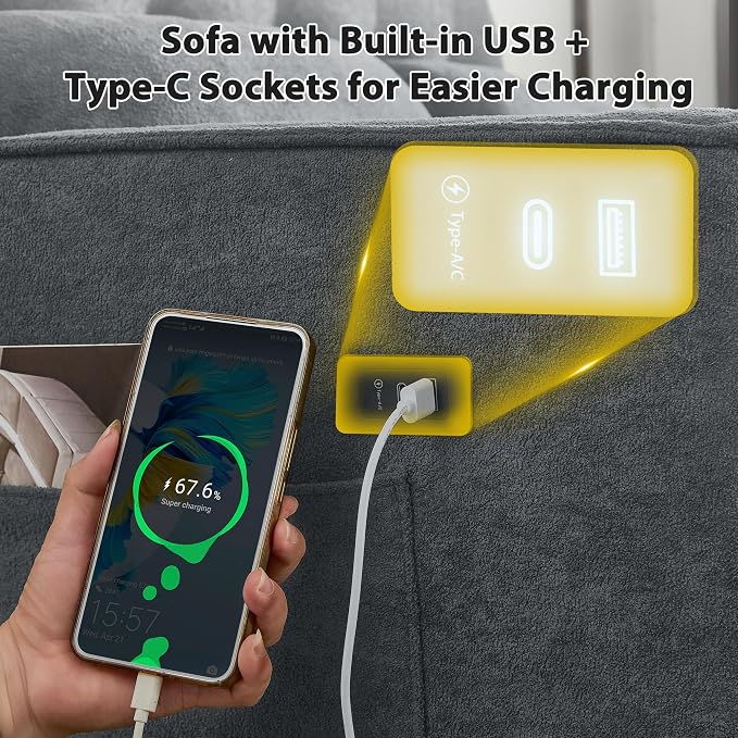3 in 1 Convertible Sofa Bed, Pull Out Couch with Side Pocket, Sleeper Sofa with Adjustable Backrest | USB Charging Port | Two Pillows | Fabric | Charcoal Grey