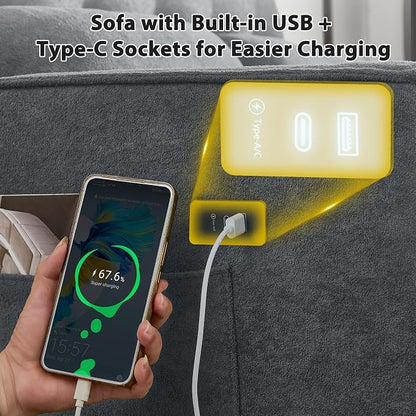 3 in 1 Convertible Sofa Bed, Pull Out Couch with Side Pocket, Sleeper Sofa with Adjustable Backrest | USB Charging Port | Two Pillows | Fabric | Charcoal Grey