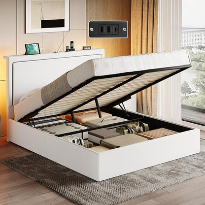 SHA CERLIN Queen Size Hydraulic Lift-Up Storage Platform Bed Frame with Charging Station, RGB LED Lights, Adjustable Velvet Headboard, USB-A and USB-C Ports, No Box Spring Needed, White