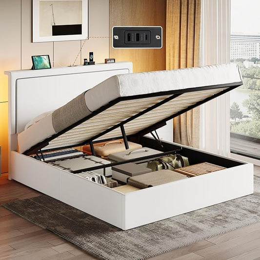 SHA CERLIN Queen Size Hydraulic Lift-Up Storage Platform Bed Frame with Charging Station, RGB LED Lights, Adjustable Velvet Headboard, USB-A and USB-C Ports, No Box Spring Needed, White