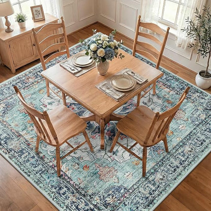 RELEANY Area Rugs Square 8ft Washable Non-Slip, Floral Vintage Distress Medallion Carpet for Living Room Bedroom Dining Room, Green Navy Blue White Red Teal