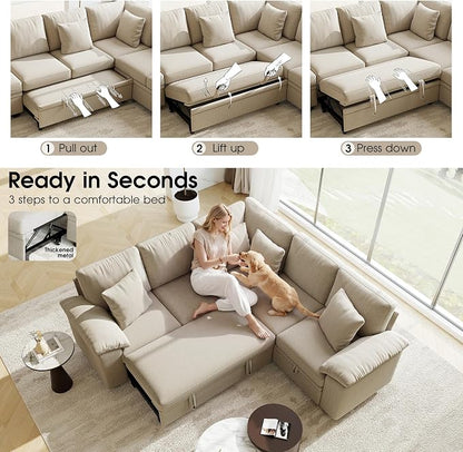 86" Modular Sectional Sleeper Sofa with Pull Out Bed, L Shaped 5 Seat Couch with 151L Storage, Convertible Cloud Couch Bed, Sectional Couches for Living Room, Apartment (Sand)
