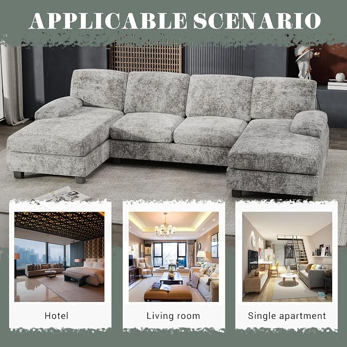Furniwell Convertible Sectional Sofa Couch, 4 Seat Sofa Set for Living Room U-Shaped Modern Fabric Modular Sofa Sleeper with Double Chaise & Memory Foam (Fabric, Grey)