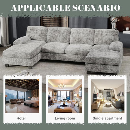 Furniwell Convertible Sectional Sofa Couch, 4 Seat Sofa Set for Living Room U-Shaped Modern Fabric Modular Sofa Sleeper with Double Chaise & Memory Foam (Fabric, Grey)