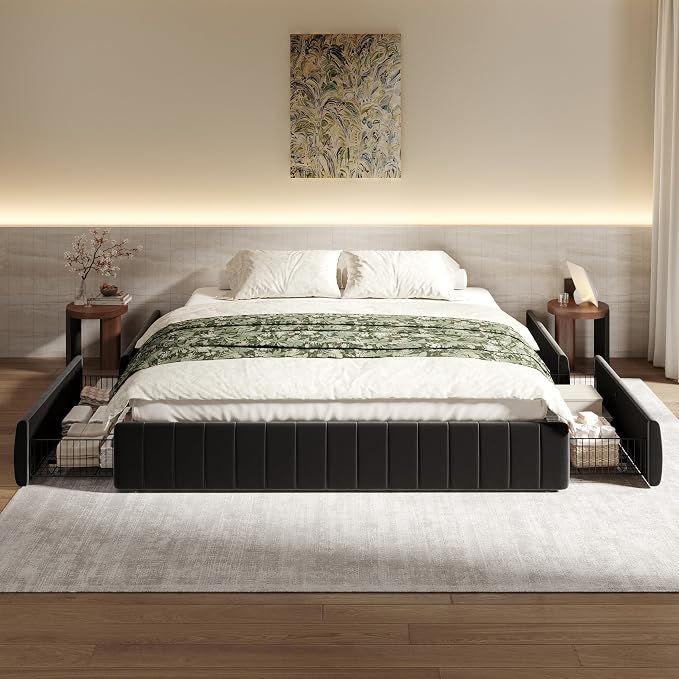 SHA CERLIN King Size Velvet Upholstered Platform Bed Frame with 4 Storage Drawers, Vertical Channel Tufted, Low Profile, Fits Standard Headboards, Wooden Slats Support, Easy Assembly, Black