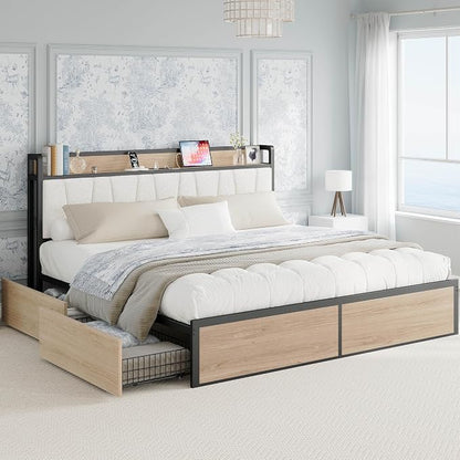 LIKIMIO King Bed Frame with 4 Storage Drawers, Platform Bed with Charged Headboard, Sturdy and Stable, No Noise, No Box Spring Needed, Easy Install, Wood and Cream