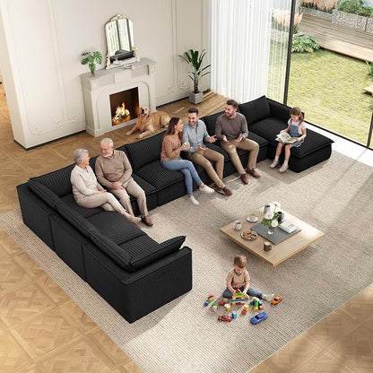 Vesgantti 141.7" Oversized Sectional Boneless Couch, Modern 7 Seater Modular Sofa with Chaise, Deep Seat Convertible Plush Corduroy Cloud Couches for Living Room, No Assembly Required, Black