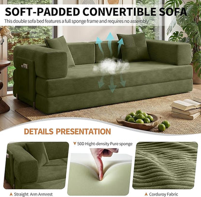 78.8" Convertible Sofa Bed with Armrest Pillow, 4-in-1 Sleeper Couch Bed for Livingroom, Modular Corduroy Boneless couches, No Assembly (Green)