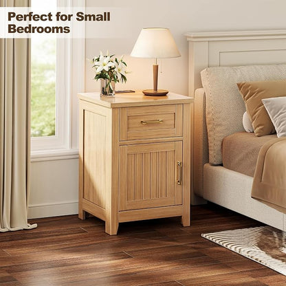 Decofy Farmhouse Nightstand with Charging Station, Set of 2 Modern End Tables with Large Storage and One Drawers, Outlets, USB Ports & Type-C Ports, Wood Rustic Nightstands for Bedroom (Oak)