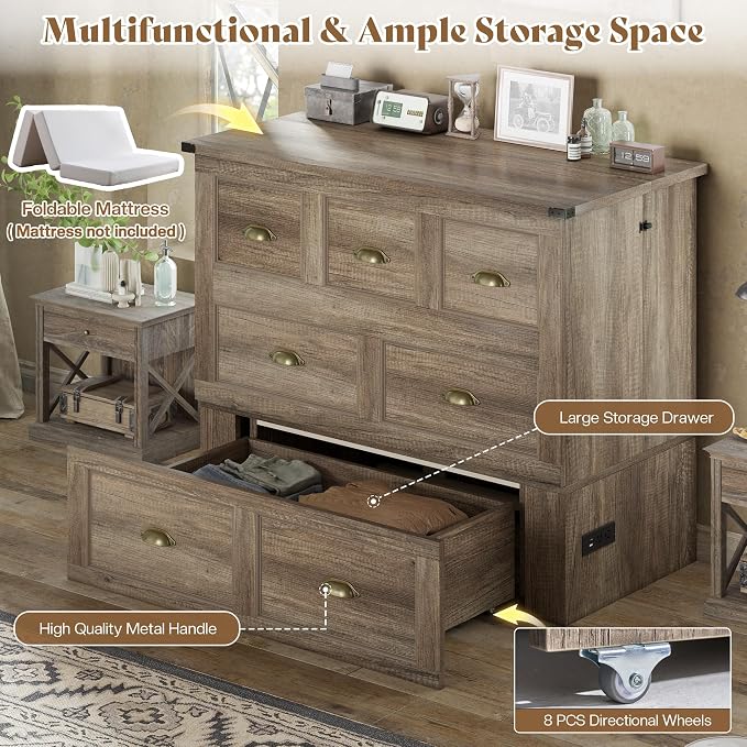 AMERLIFE Twin Size Murphy Bed, Farmhouse Wooden Cabinet with Charging Station and Storage Drawer for Bedroom/Office/Guest Room, Grey Oak