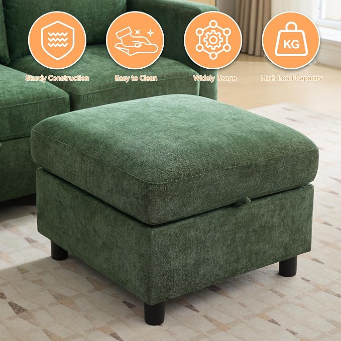 WUTUTUEE 25”Square Storage Ottoman Module for Modular Sectional Sofa, Living Room Coffee Table Sectional Ottoman Footrest for Convertible Couch, Chenille Dark Green