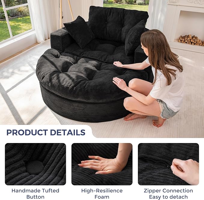 MAXYOYO L Shape Sectional Sofa Couch and Round Chaise Lounge, Modern Cloud Couch with Ottoman, Comfy Sofa with Layered Cushion, Tufted Upholstered Chair for Living Room, No Assembly Required