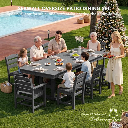 SERWALL 10 Piece 84" HDPE Outdoor Dining Set for 8 with 6 Armless Chair, 2 Armchairs and Umbrella, Black