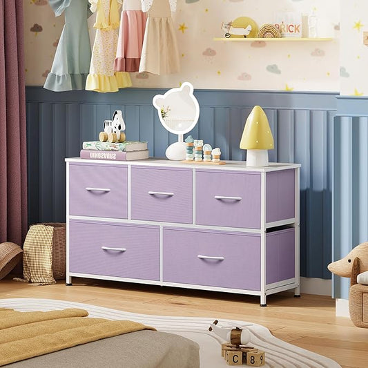 WLIVE Dresser for Bedroom with 5 Drawers, Wide Chest of Drawers, Fabric Dresser, Storage Organizer Unit with Fabric Bins for Closet, Living Room, Hallway, Purple