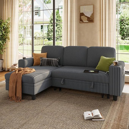 LINSY HOME Sectional Sleeper Sofa Couch with Storage Chaise & USB Charging, Plush Corduroy Convertible Pullout Sofa Bed, Modular Sectional Couches for Living Room Bedroom (Grey, 81'' L-Shaped Sofa)